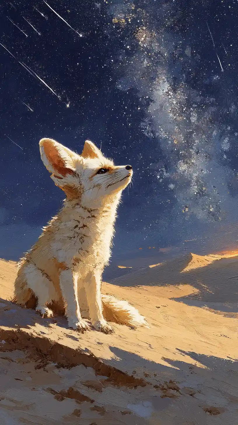 Fennec fox sitting on a moonlit dune under stars