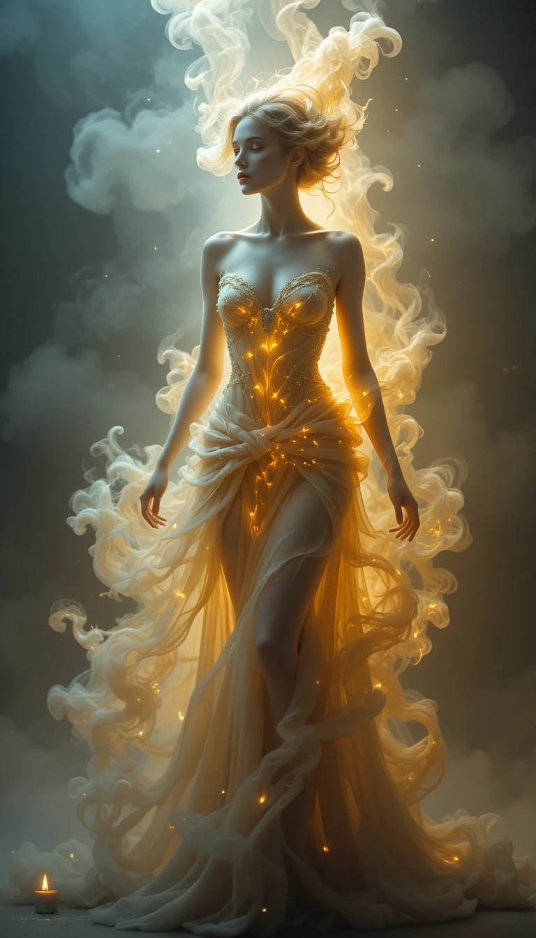 Ethereal woman emerging as smoke from a glowing candle