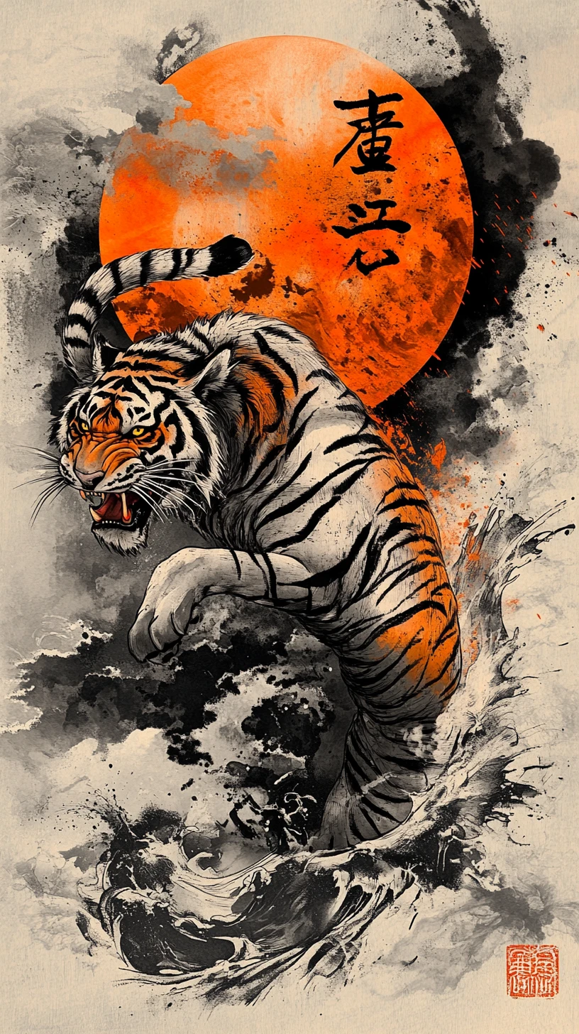 Lone tiger irezumi tattoo with moon and kanji