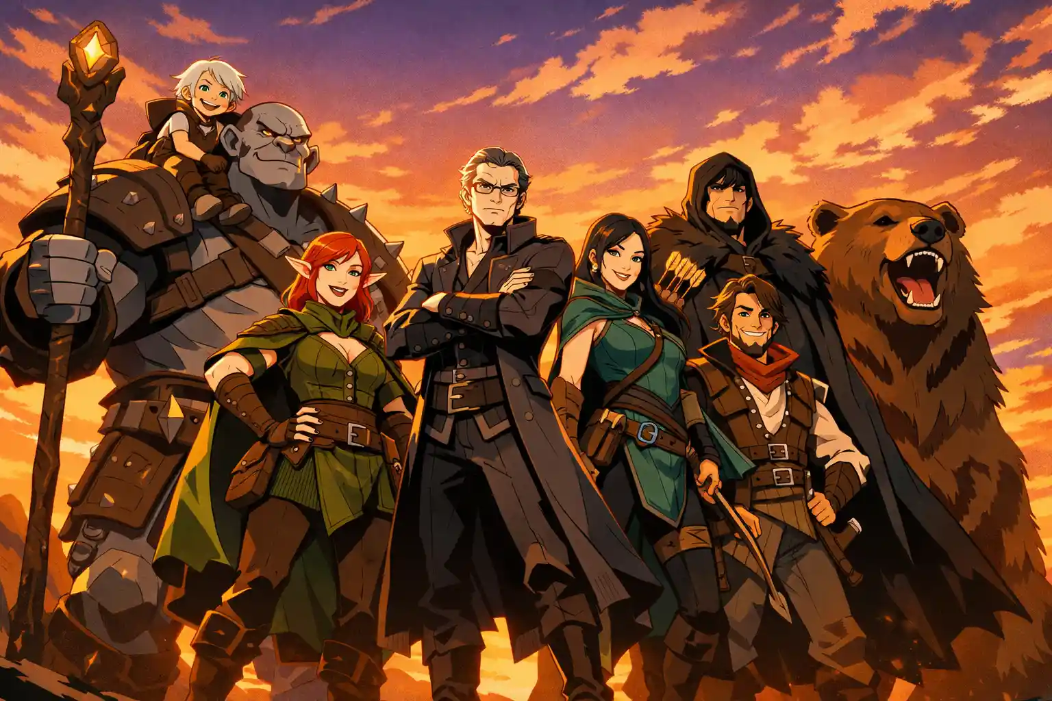 Heroic fantasy party at sunset in cel shaded style