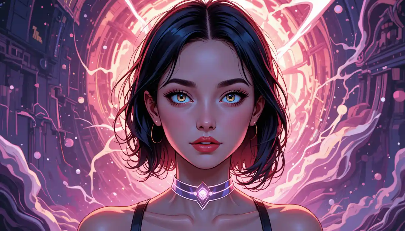 Teen girl concept art with pale gold flickering eyes