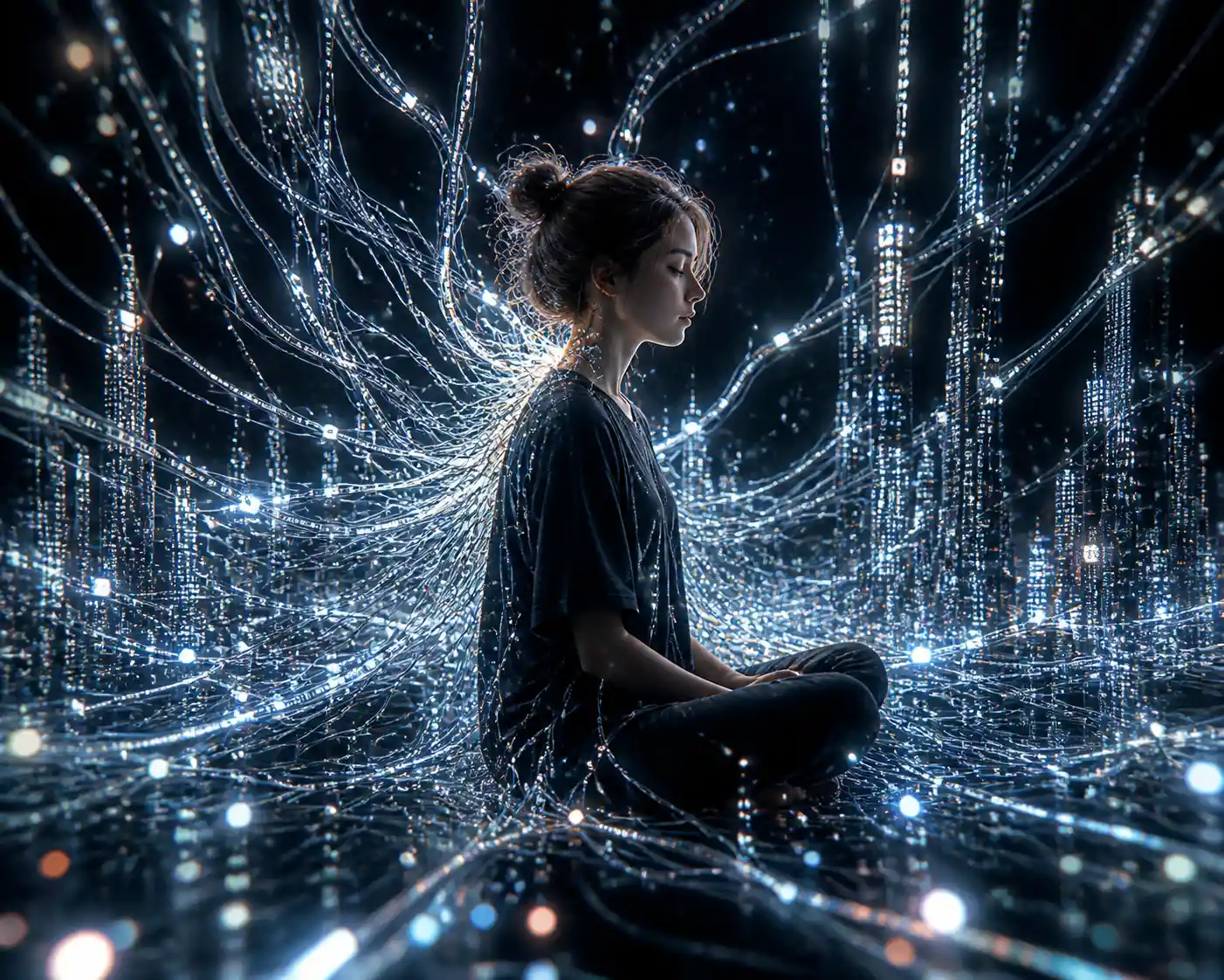Girl linked to glowing data cables in digital void