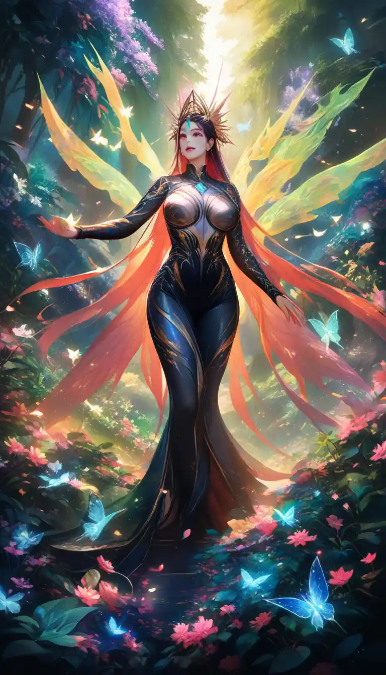 Asian fairy woman in teal bodysuit with glowing wings