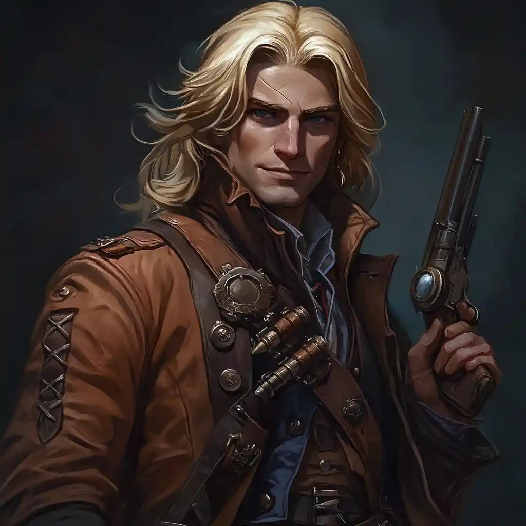 Blonde fantasy artificer woman with flintlock and goggles