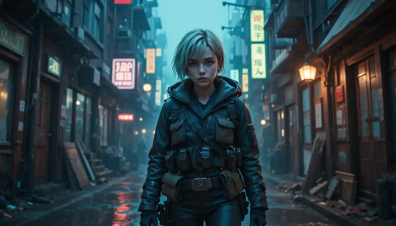 Young female survivor in a rainy dystopian neon city alley