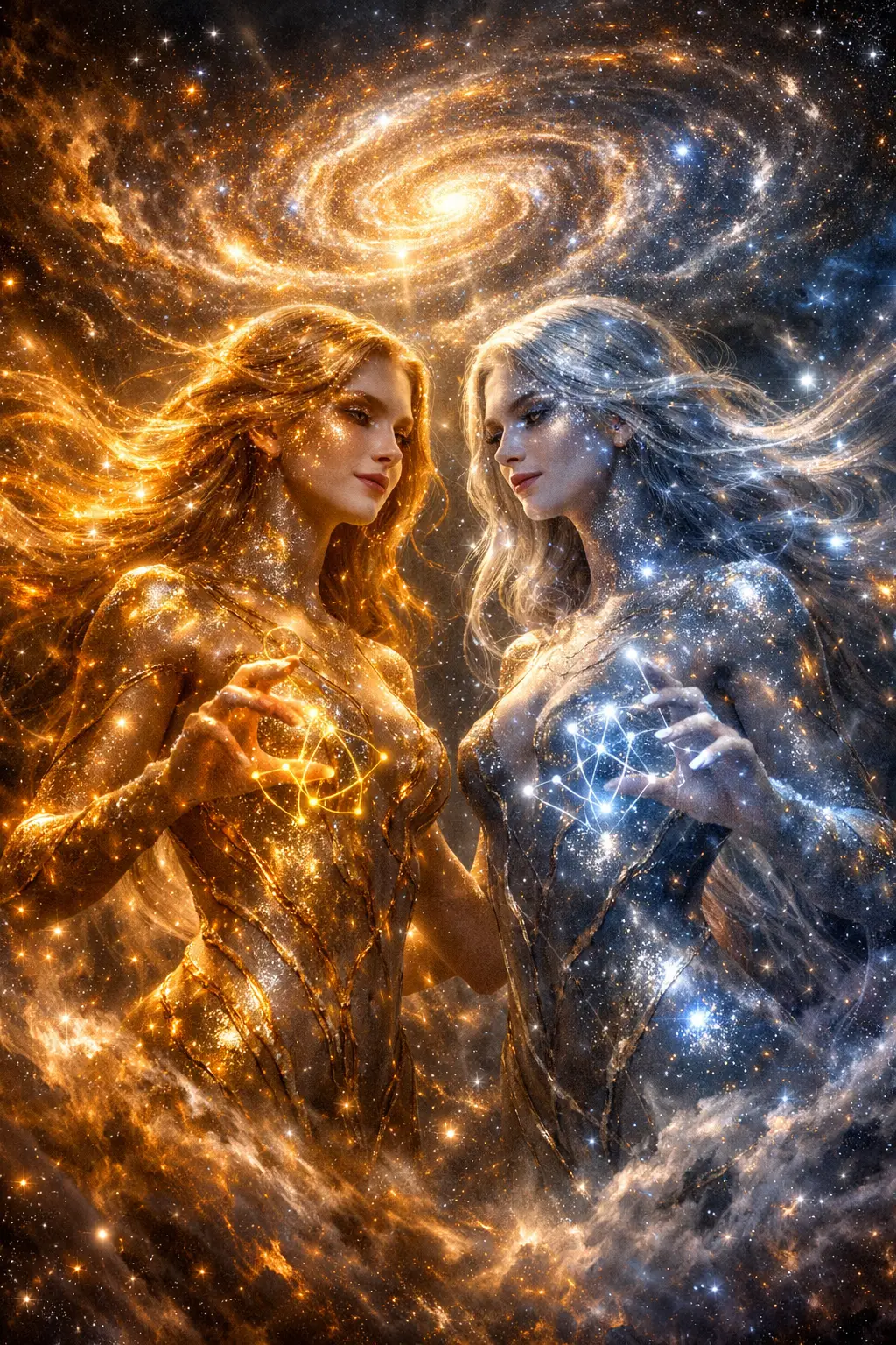 Twin cosmic sisters woven from stardust and liquid gold