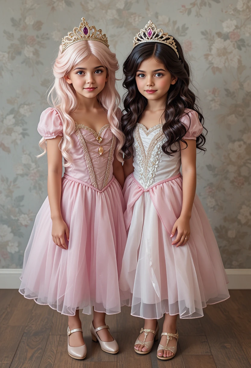 Two tween boys dressed as fairytale princesses together