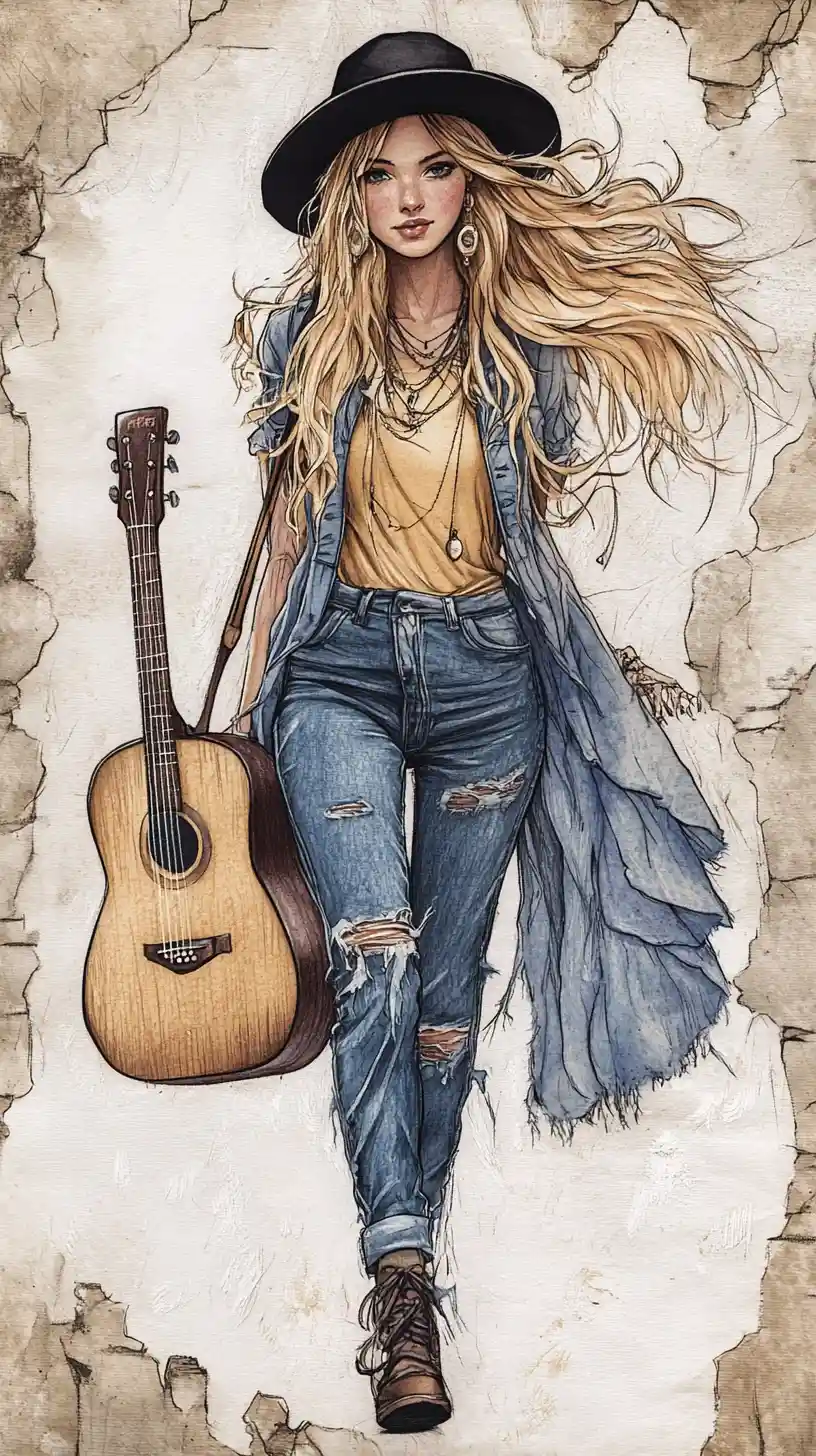 Young woman walking with guitar past rustic stone wall