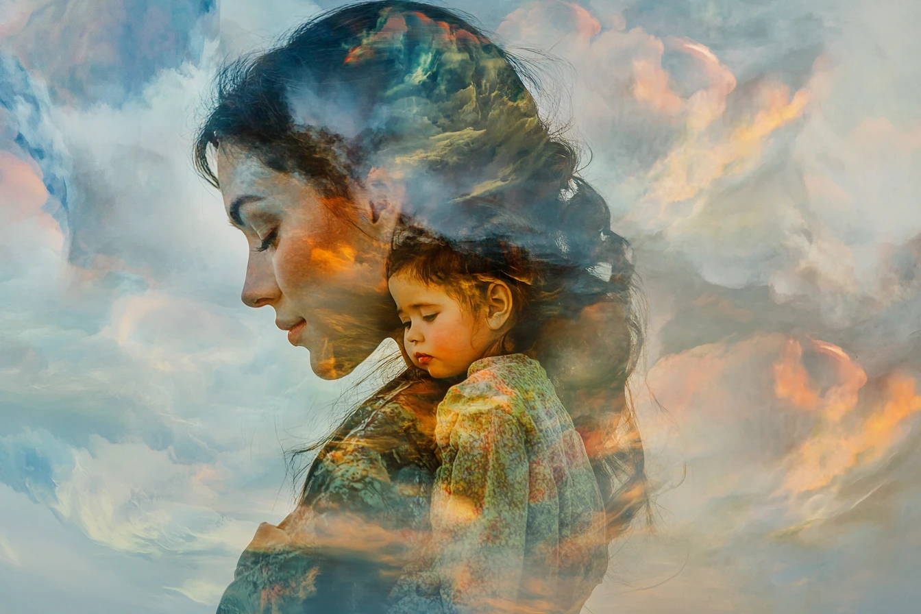 Surreal illusion of a mother and child in layered imagery