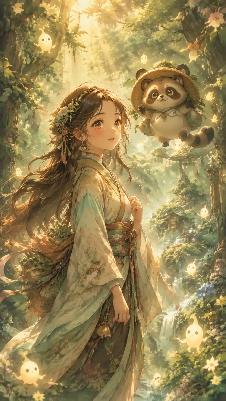Gentle woman and tanuki spirit in glowing forest scene