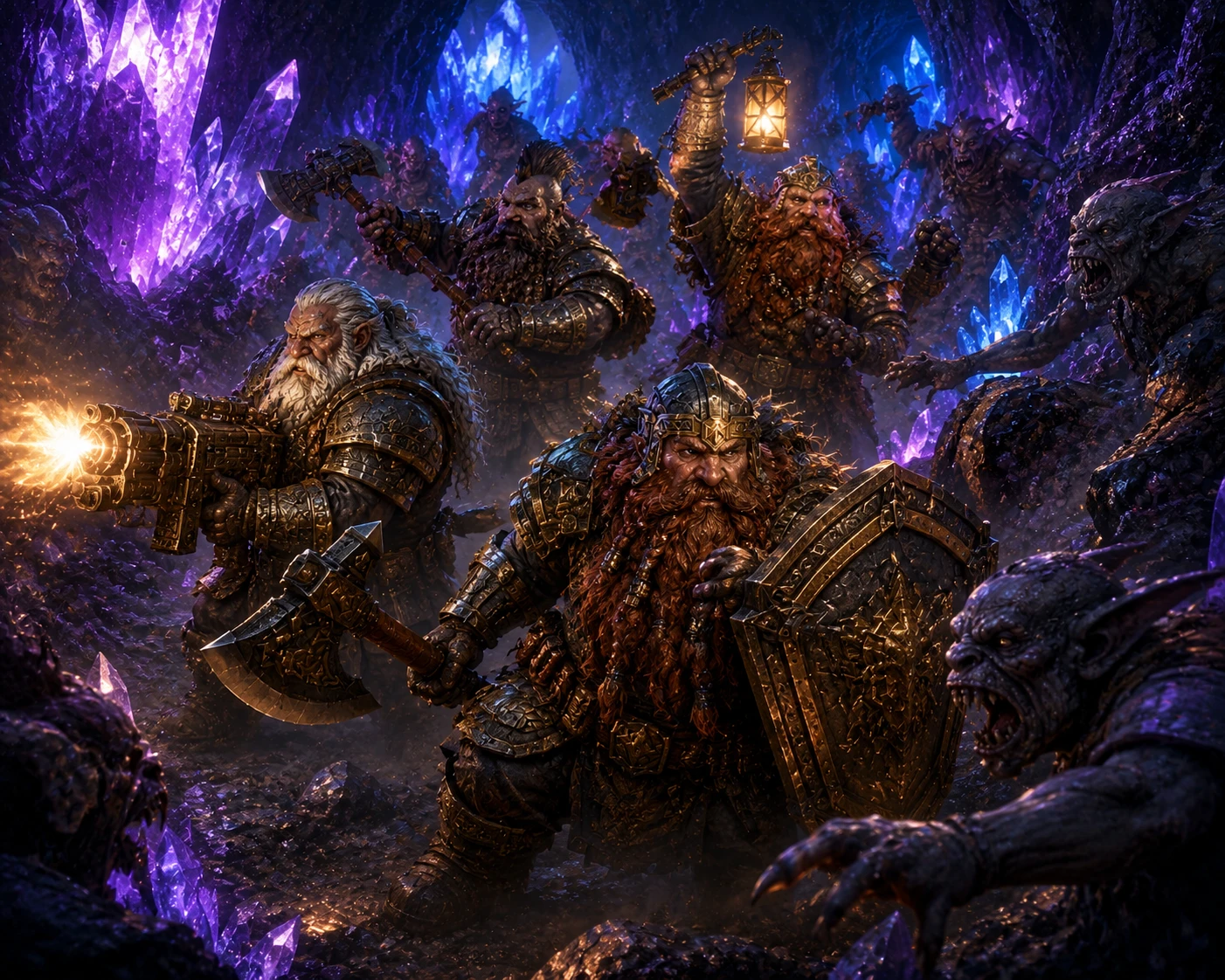 Dwarven warriors battle through a crystal filled cave