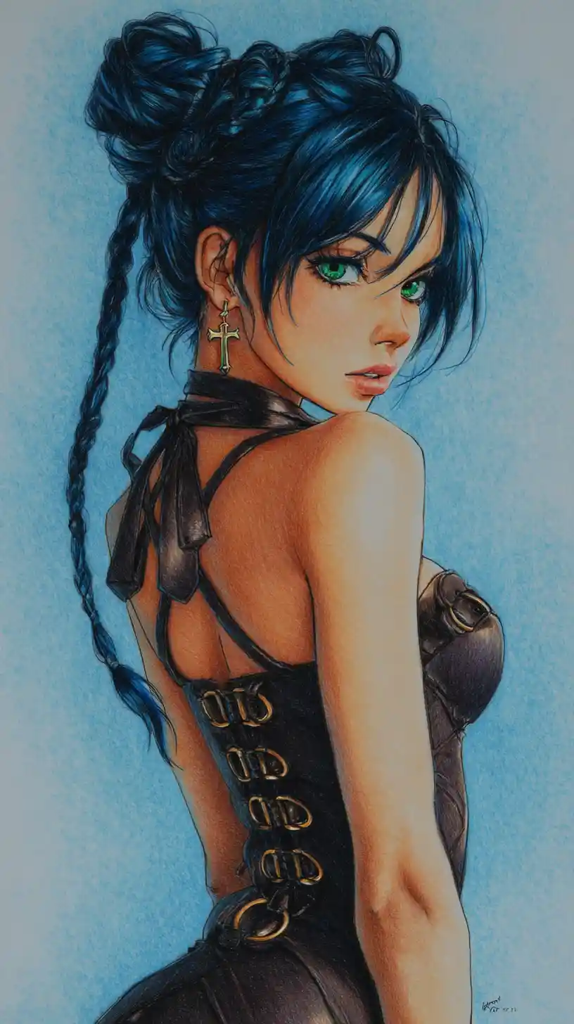 Blue haired anime girl in profile with intense green eyes