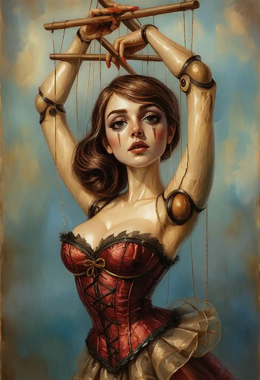 Marionette woman with tear stained cheeks in red corset