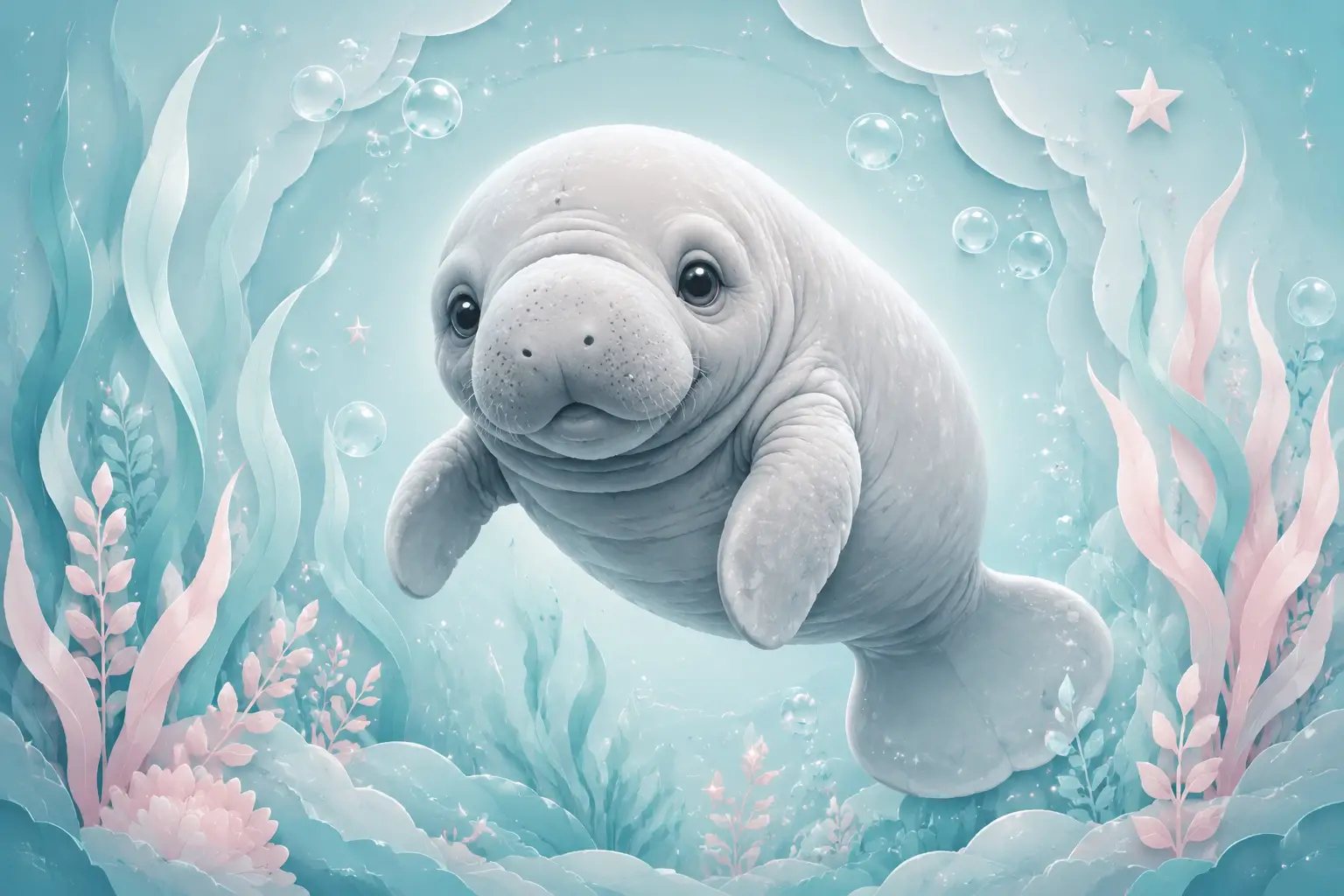 Cute baby manatee floating in soft pastel underwater scene