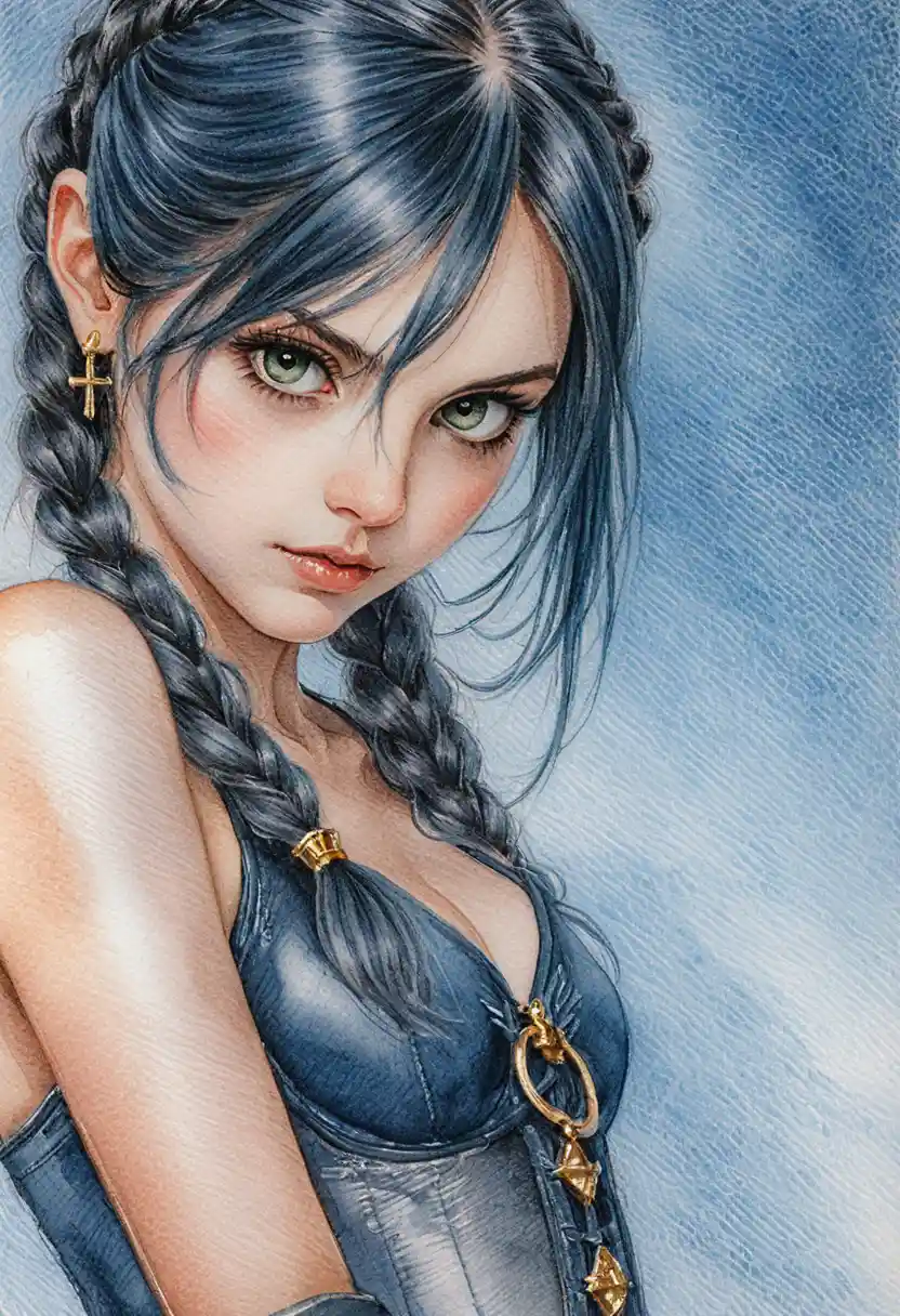 Mysterious anime woman in corset looking over shoulder