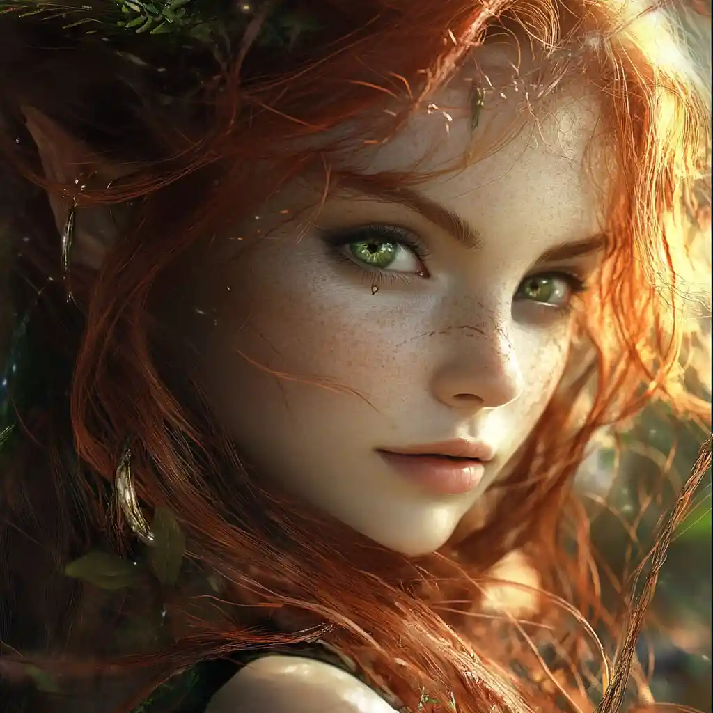 Red Haired Elf Druid With Green Eyes And Faerie Magic