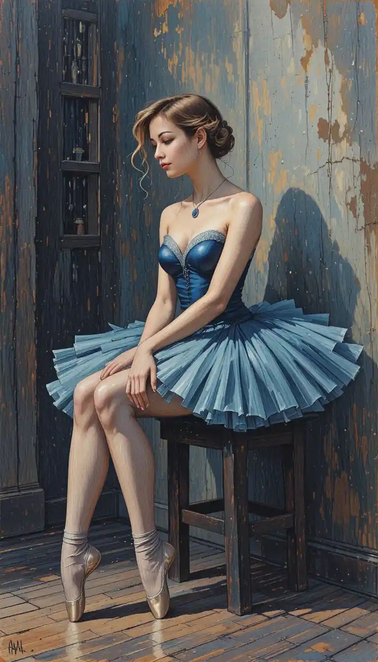 Ballerina seated in a contemplative pose on a wooden stool