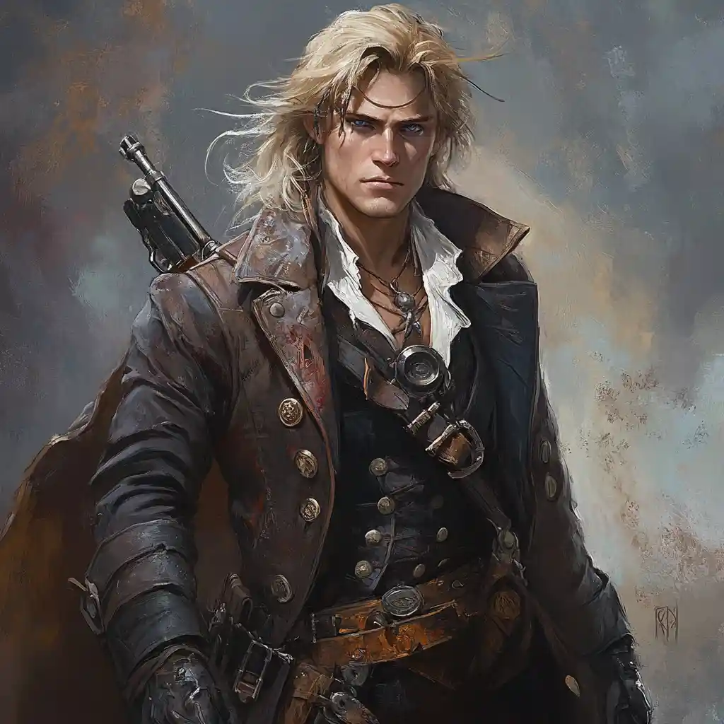 Blonde fantasy artificer woman with flintlock and goggles