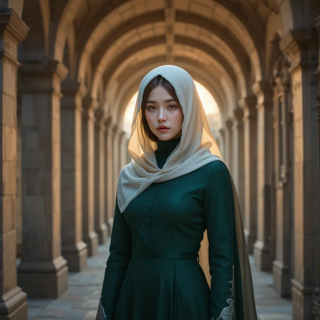 Mujer coreana con vestido columna verde bajo capucha de seda