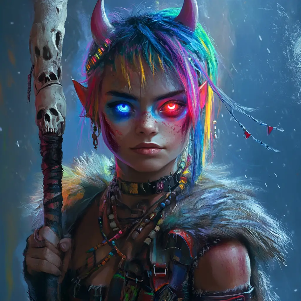 Wild gnome barbarian girl with glowing eyes and bone club