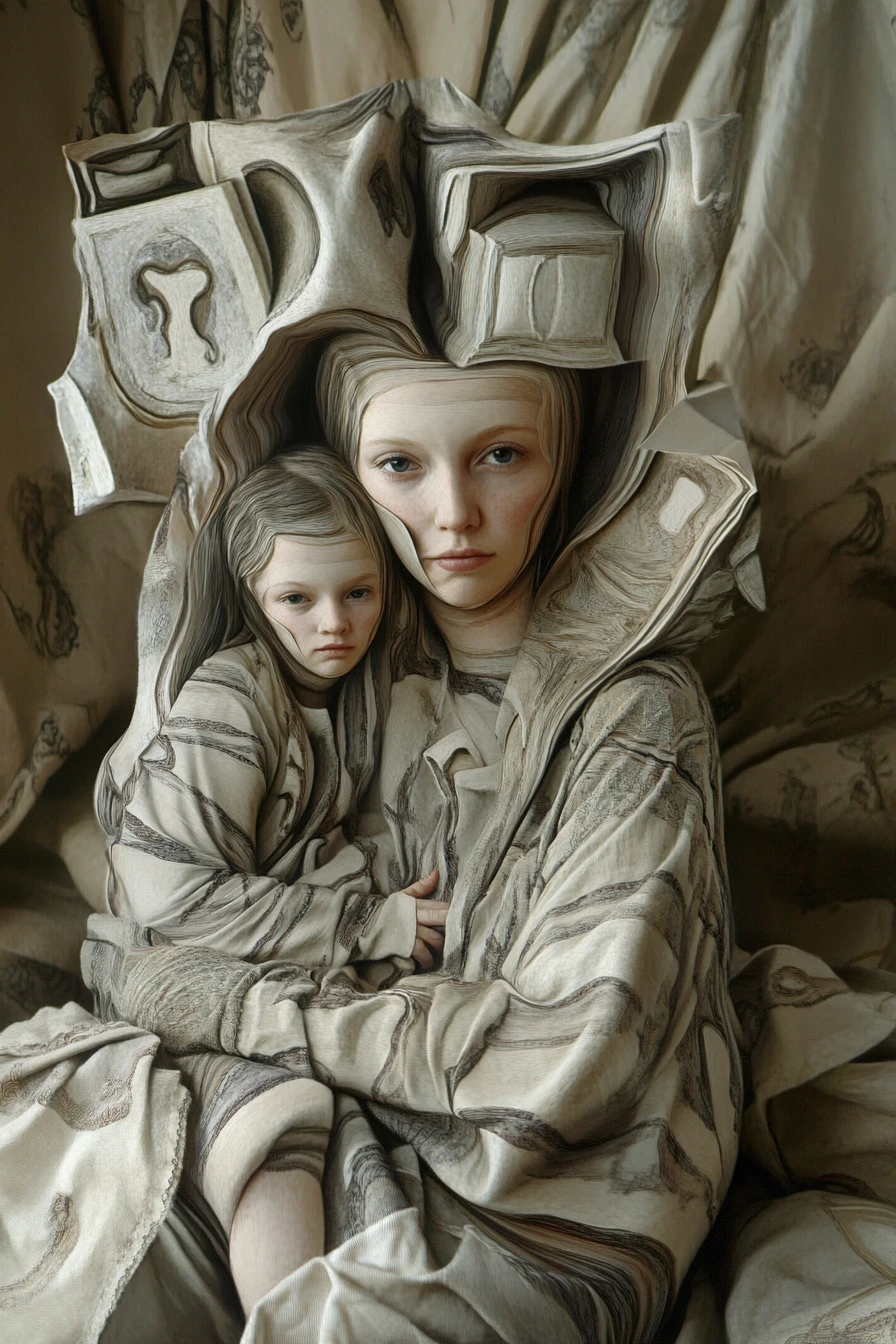 Surreal illusion of a mother and child in shifting forms
