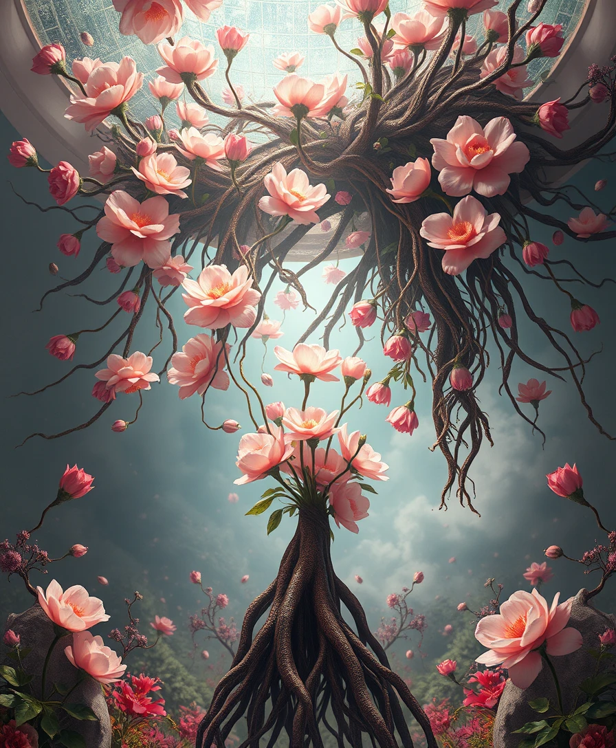 Surreal Blooming Flowers And Floating Roots In Fantastical Space