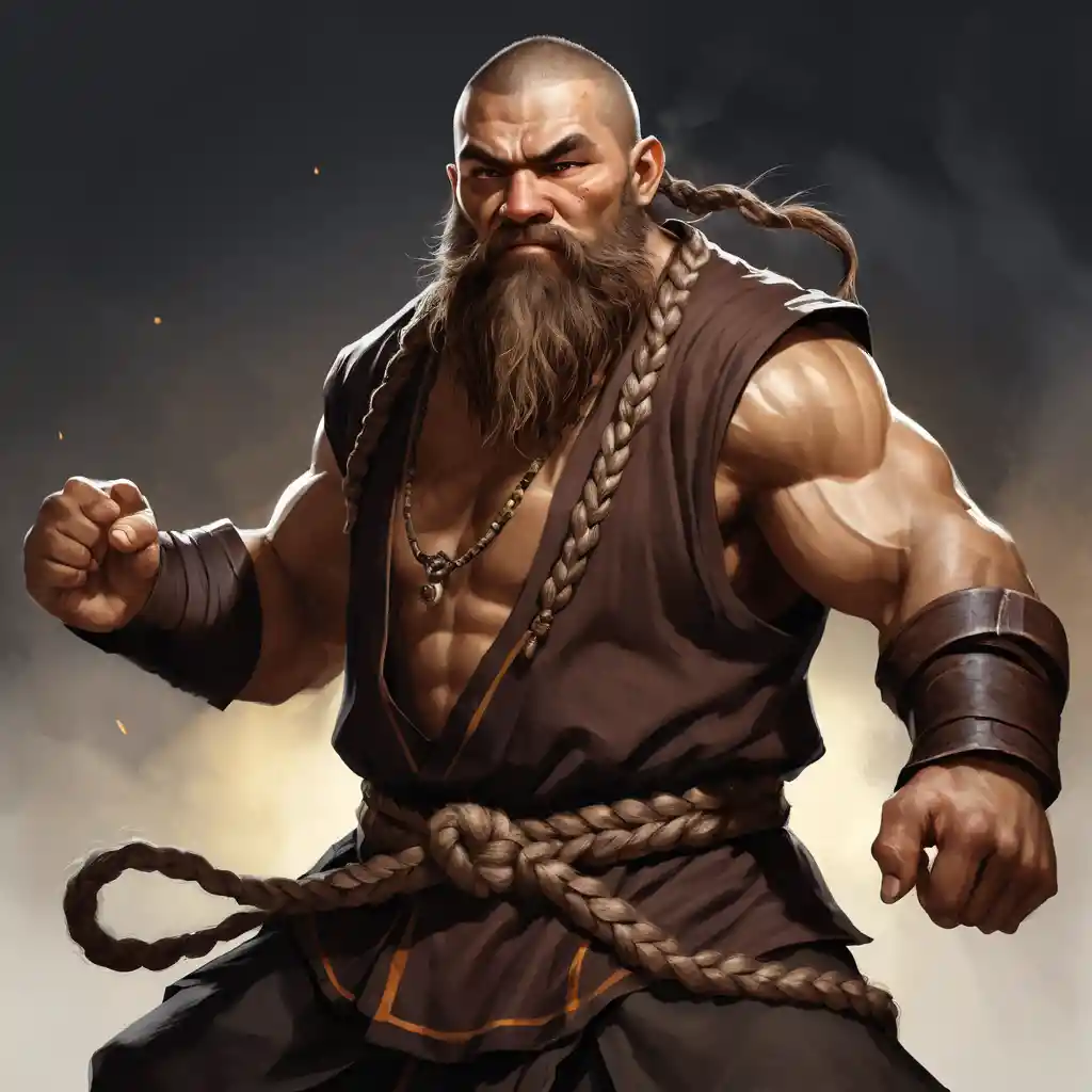Brown haired dwarf monk with braided beard in fantasy style