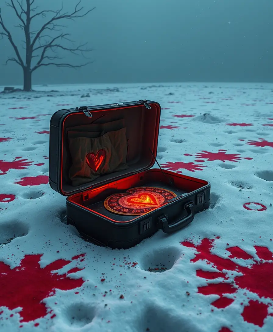 Mystical snowy altar with open suitcase of hidden love