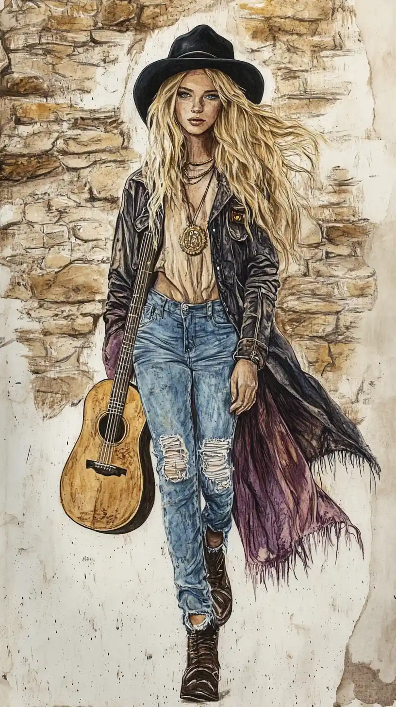 Young woman walking with guitar in a bohemian street scene