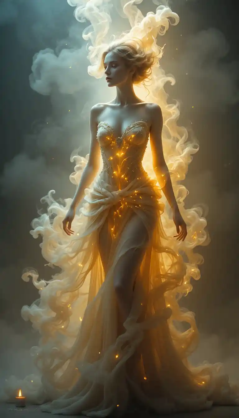 Ethereal woman emerging as smoke from a glowing candle