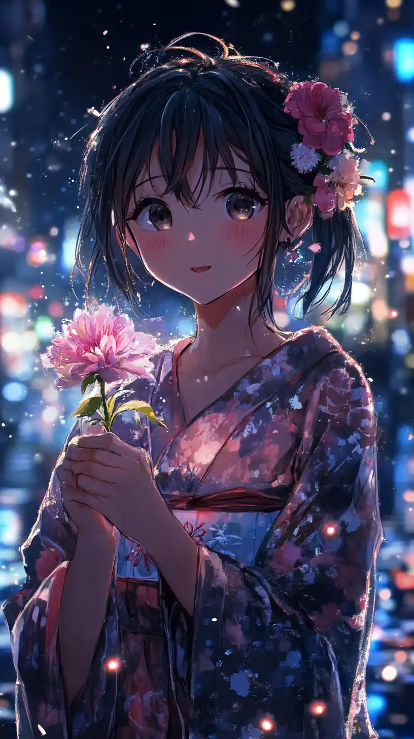 Anime girl holding a flower under a calm night sky