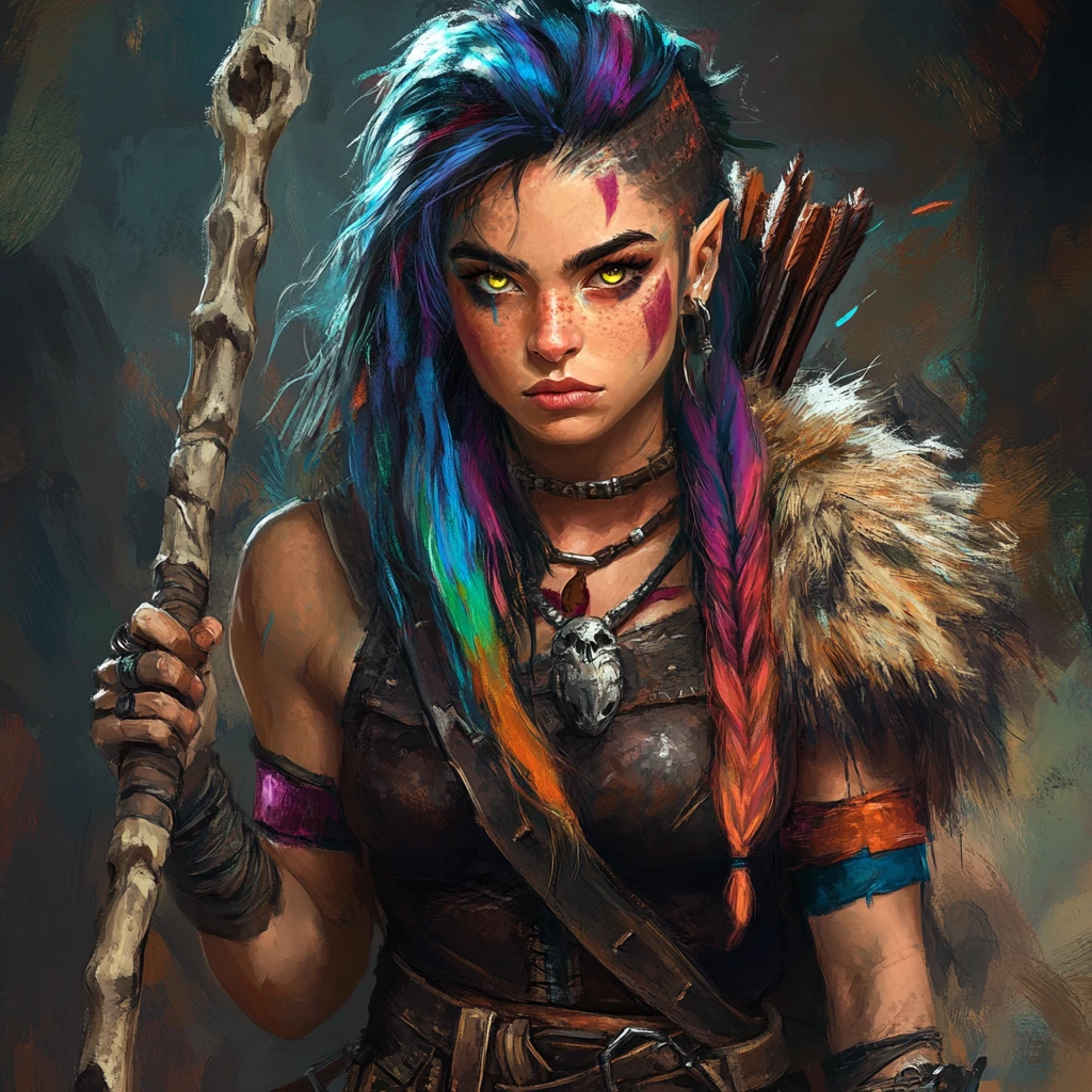 Wild gnome barbarian girl with glowing eyes and bone club