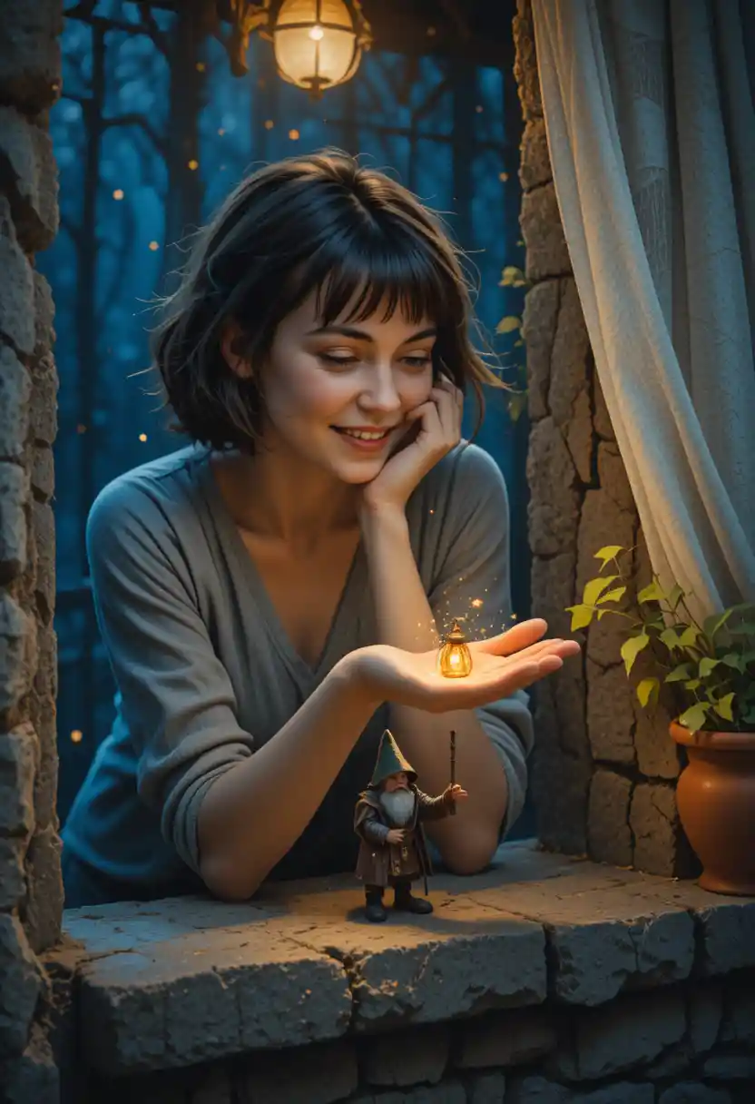 Young woman at stone window with tiny glowing wizard