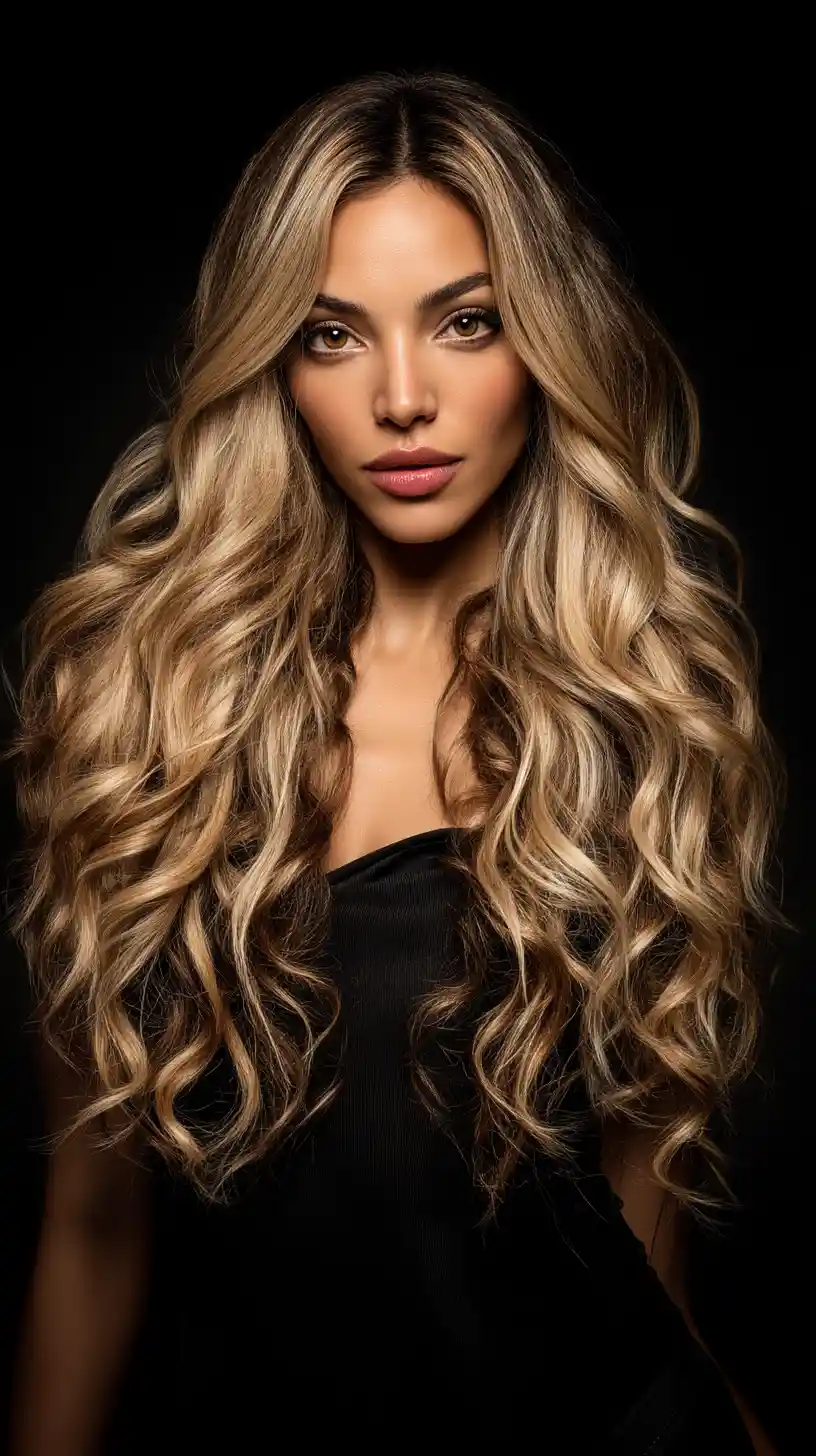 Woman with voluminous ombre curls in black studio portrait