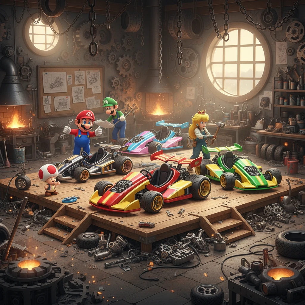 Karts de corrida coloridos em construção em uma oficina movimentada