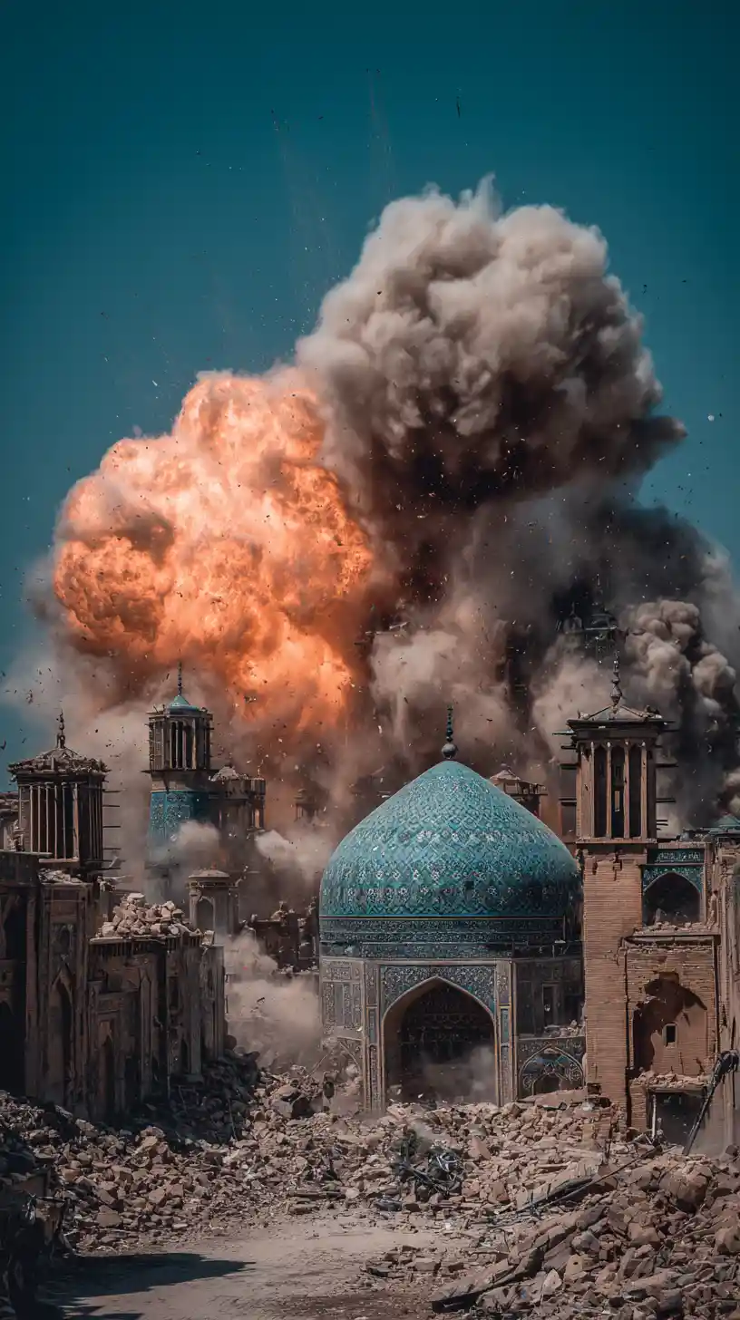Persian city under heavy bombardment in blazing daylight