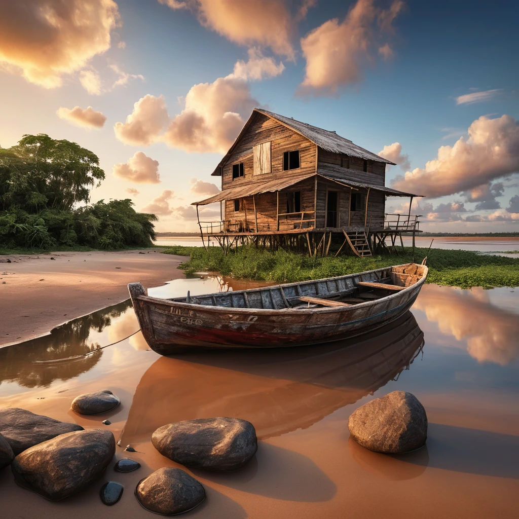 Rustic wooden boat at sunset on a tranquil riverbank