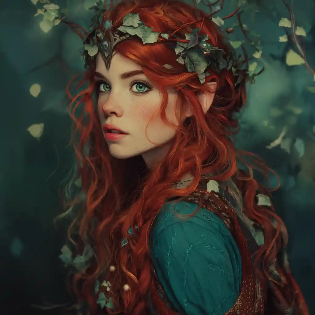 Red haired elf druid with green eyes and faerie magic