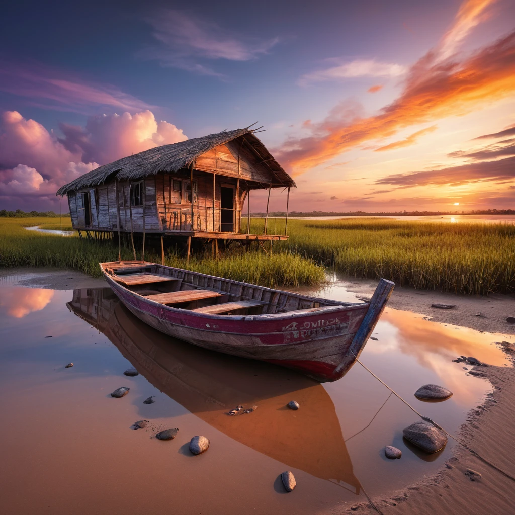 Abandoned Wooden Boat On Orinoco River At Colorful Sunset