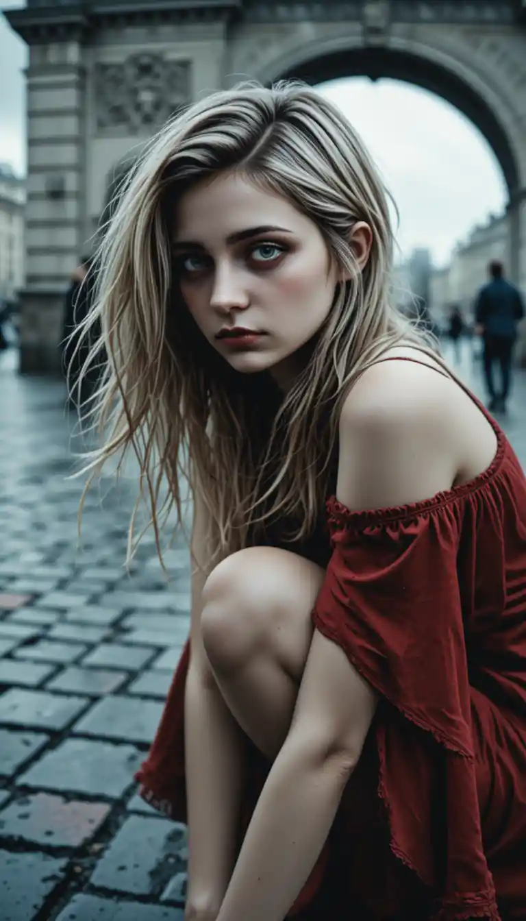Melancholic young woman by the Seine in soft daylight