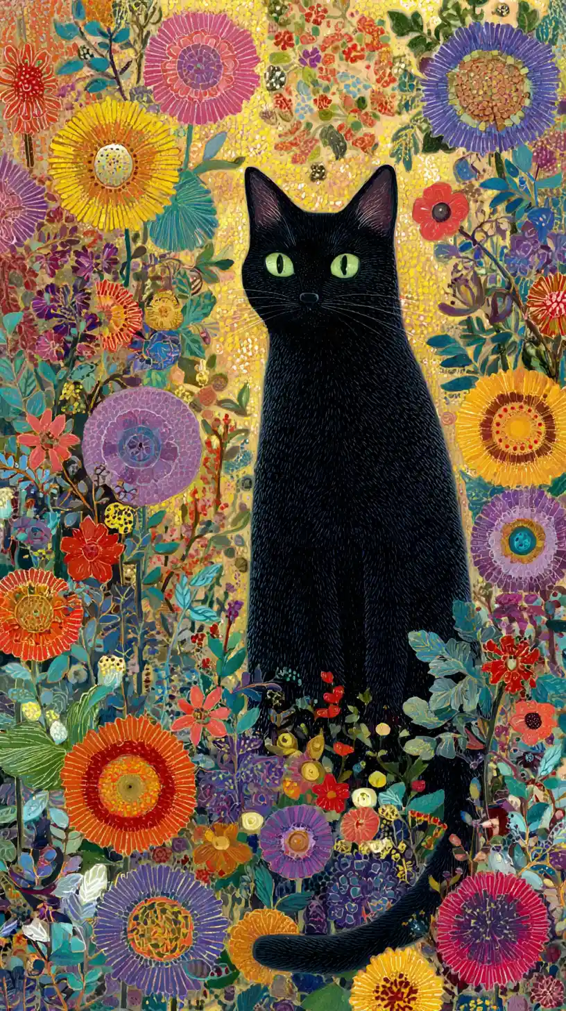 Black cat in a colorful flower garden painting