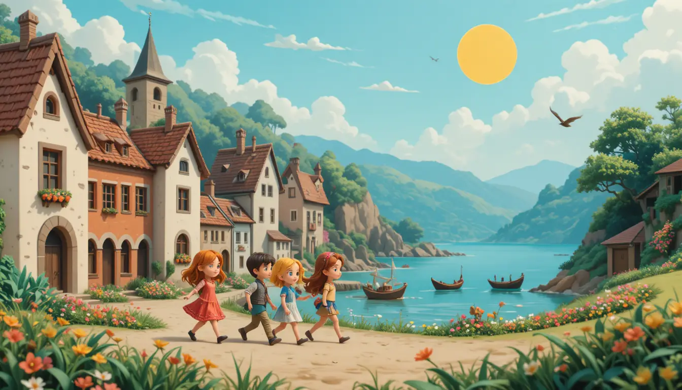 Childlike clay village illustration with people strolling outside