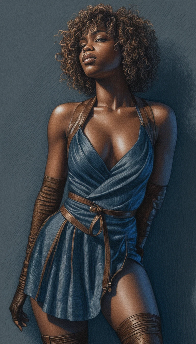 Confident woman in brown leather dress colored pencil art