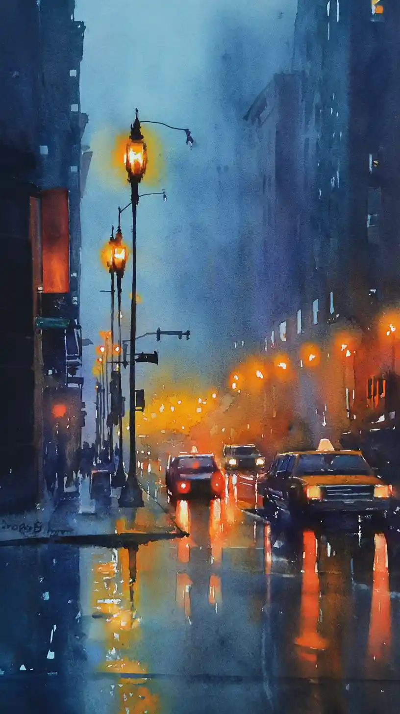 Rainy Night City Street In Atmospheric Watercolor Perspective