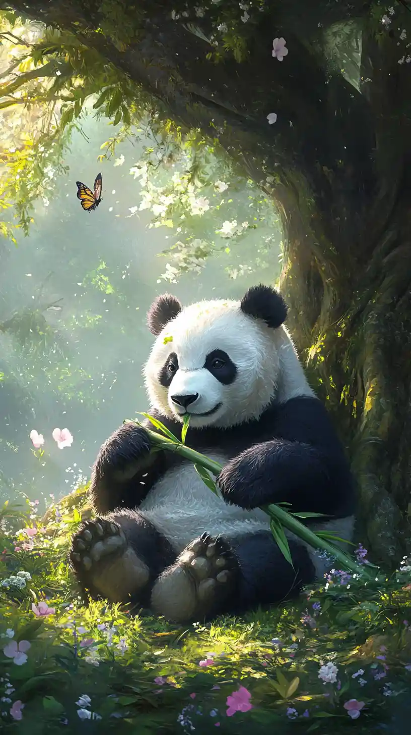 Panda Eating Bamboo Under A Blooming Summer Tree