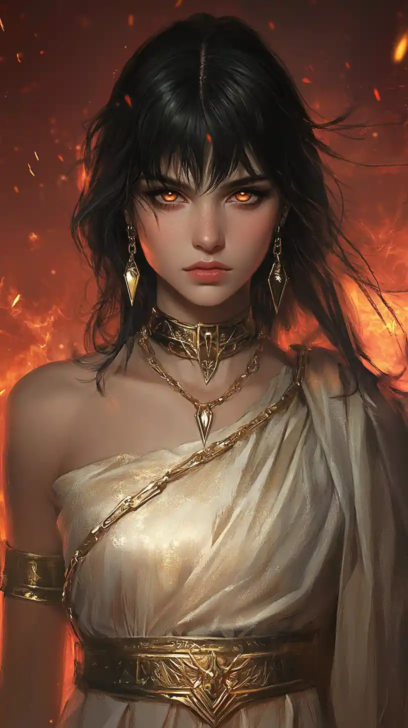 Golden adorned anime woman in glowing red cityscape