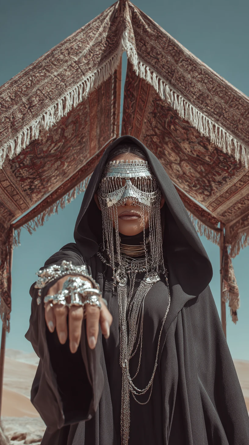 Masked desert woman beneath rug draped archway