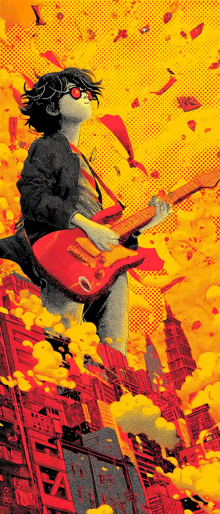Anime guitarist on city rooftop with heroic pop art notes