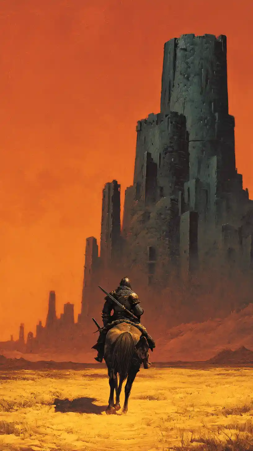 Lone knight riding toward a colossal obsidian fantasy city