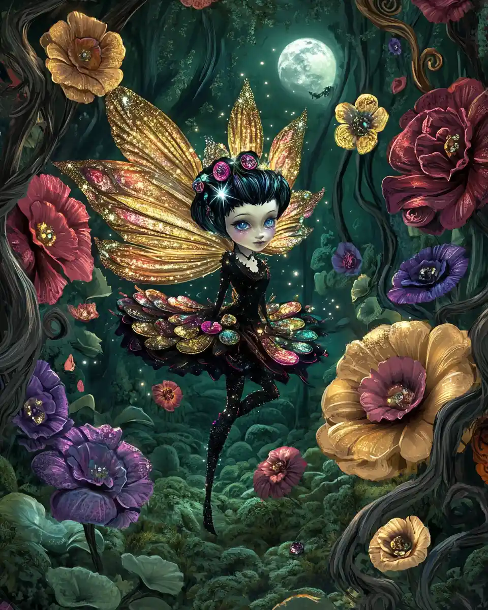 Enchanting sprite in a moonlit fantasy flower garden